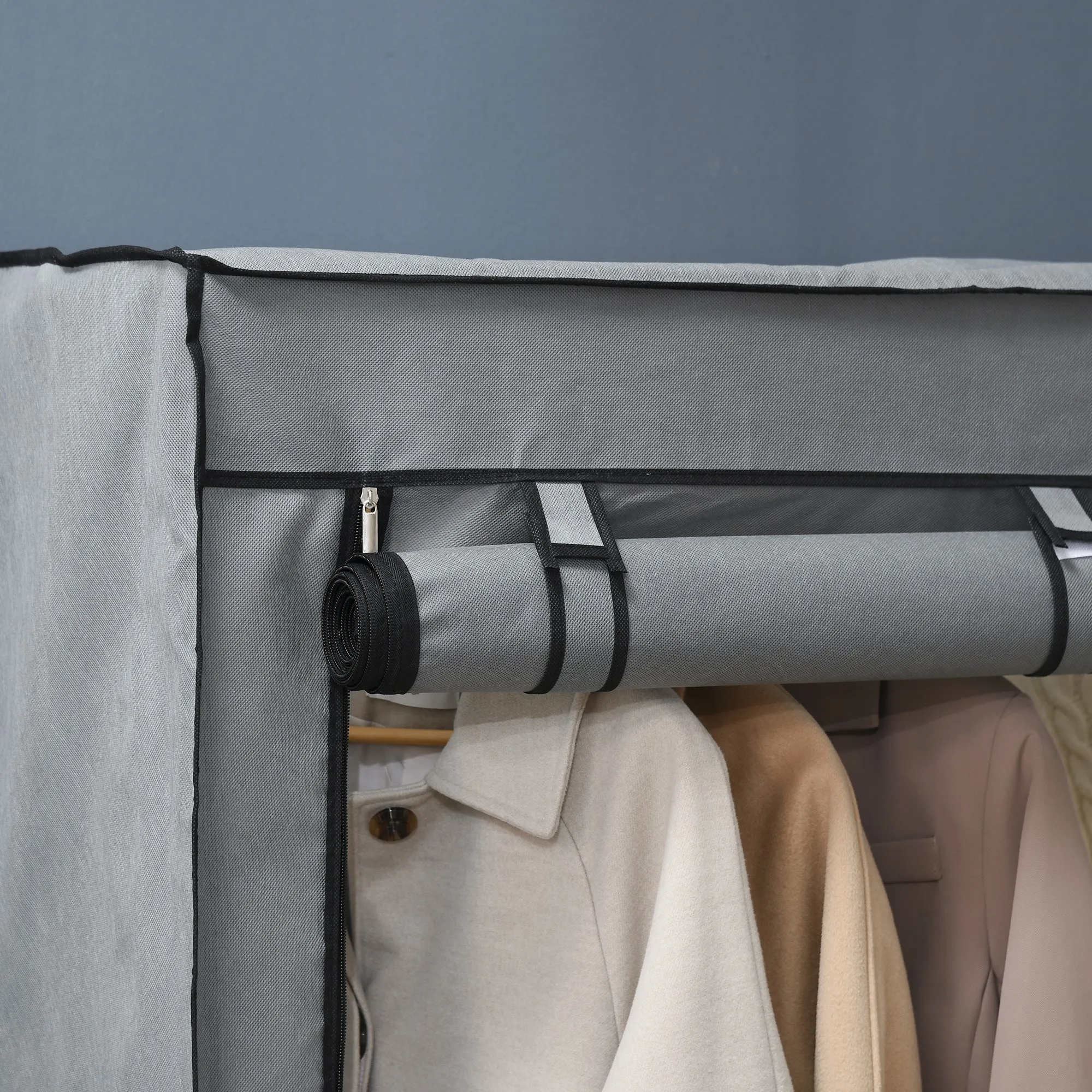 Fabric Wardrobe, Portable Fabric Cabinet, Foldable Coat Rack with 4 Shelves, 2 Hanging Rails, 118 x 49 x 170 cm, Grey