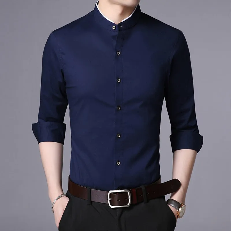 Fashion Shirt Men Mandarin Collar Long Sleeve Regular Fit Cotton Autumn Black Korean Dress Shirt Casual Men Clothes