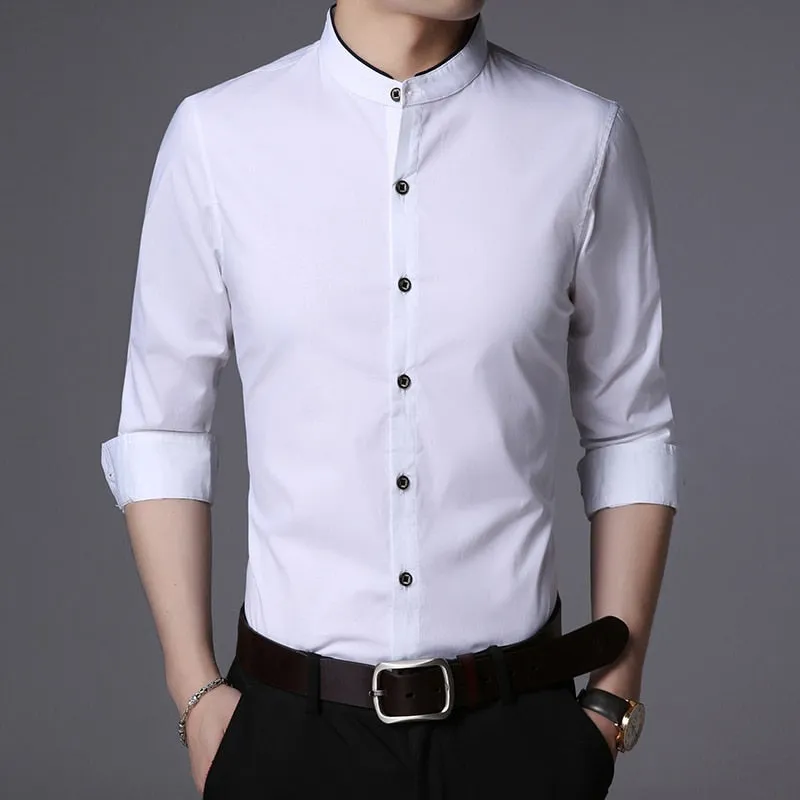 Fashion Shirt Men Mandarin Collar Long Sleeve Regular Fit Cotton Autumn Black Korean Dress Shirt Casual Men Clothes