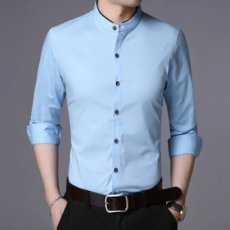 Fashion Shirt Men Mandarin Collar Long Sleeve Regular Fit Cotton Autumn Black Korean Dress Shirt Casual Men Clothes