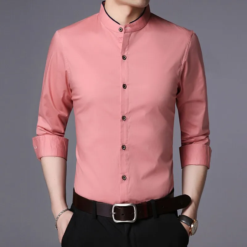 Fashion Shirt Men Mandarin Collar Long Sleeve Regular Fit Cotton Autumn Black Korean Dress Shirt Casual Men Clothes