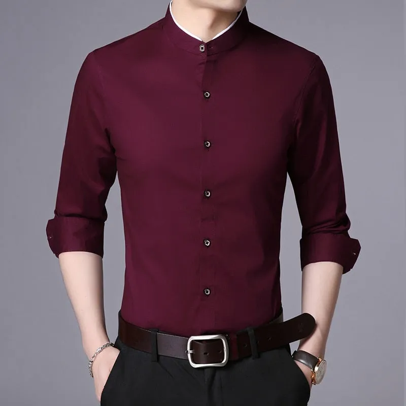 Fashion Shirt Men Mandarin Collar Long Sleeve Regular Fit Cotton Autumn Black Korean Dress Shirt Casual Men Clothes