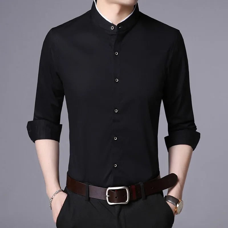 Fashion Shirt Men Mandarin Collar Long Sleeve Regular Fit Cotton Autumn Black Korean Dress Shirt Casual Men Clothes