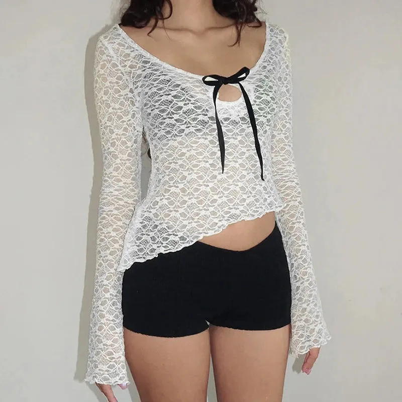 Fashion White Asymmetrical Lace Top Skinny See Through Tie-Up Sexy T-shirts Female Basic Cropped Tee Long Sleeve Chic