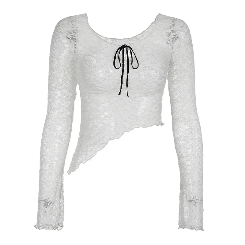 Fashion White Asymmetrical Lace Top Skinny See Through Tie-Up Sexy T-shirts Female Basic Cropped Tee Long Sleeve Chic