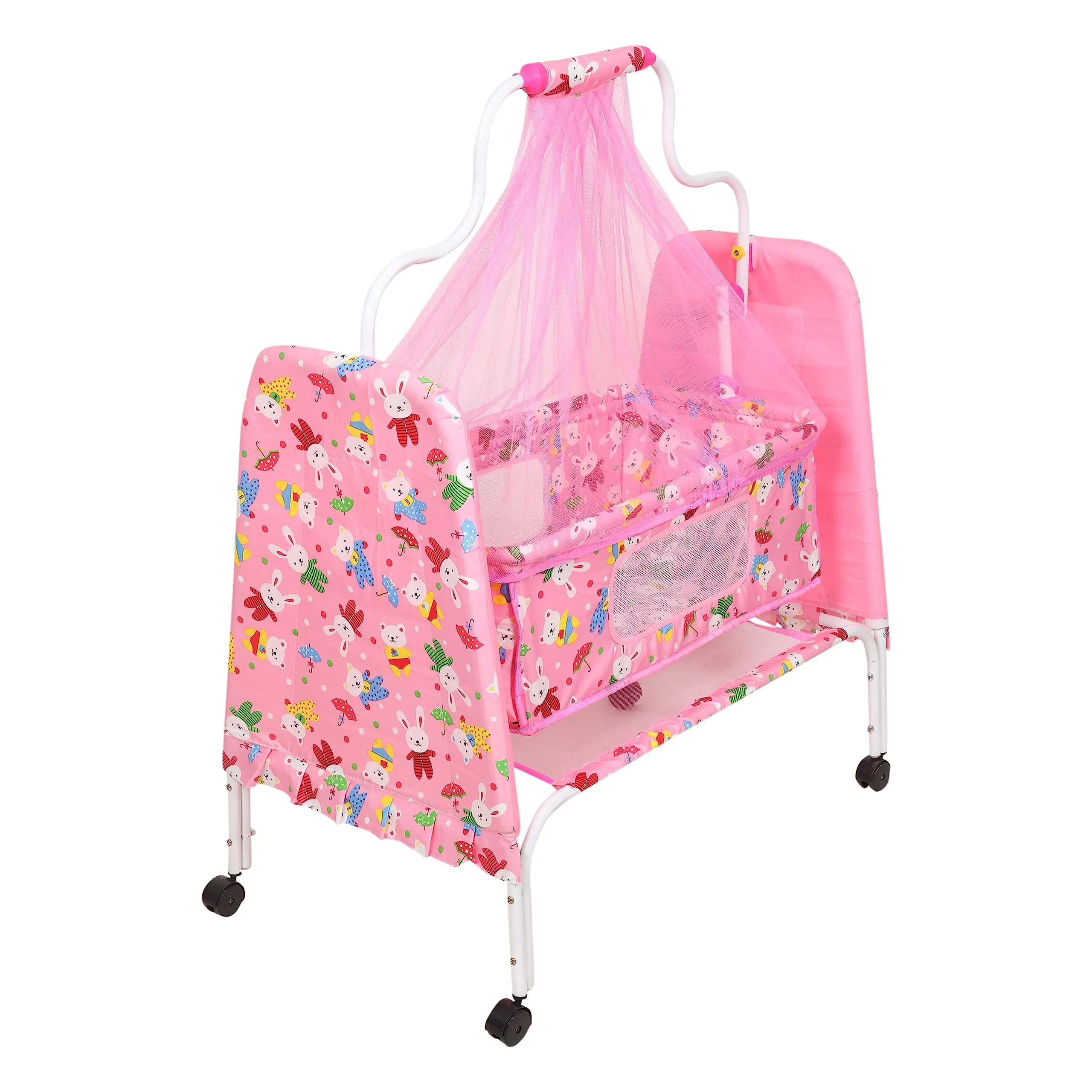 FLIPZON Metal Foldable Baby Cradle With Swing | Comfortable Multi-Use Baby Cradle For Baby Comfort Sleep | Teddy Style | J7, Pink Canopy