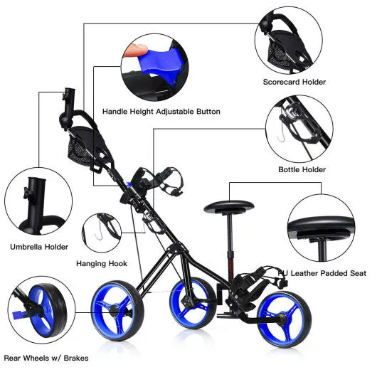 Foldable 3 Wheels Push Pull Golf Trolley with Scoreboard Bag-Navy