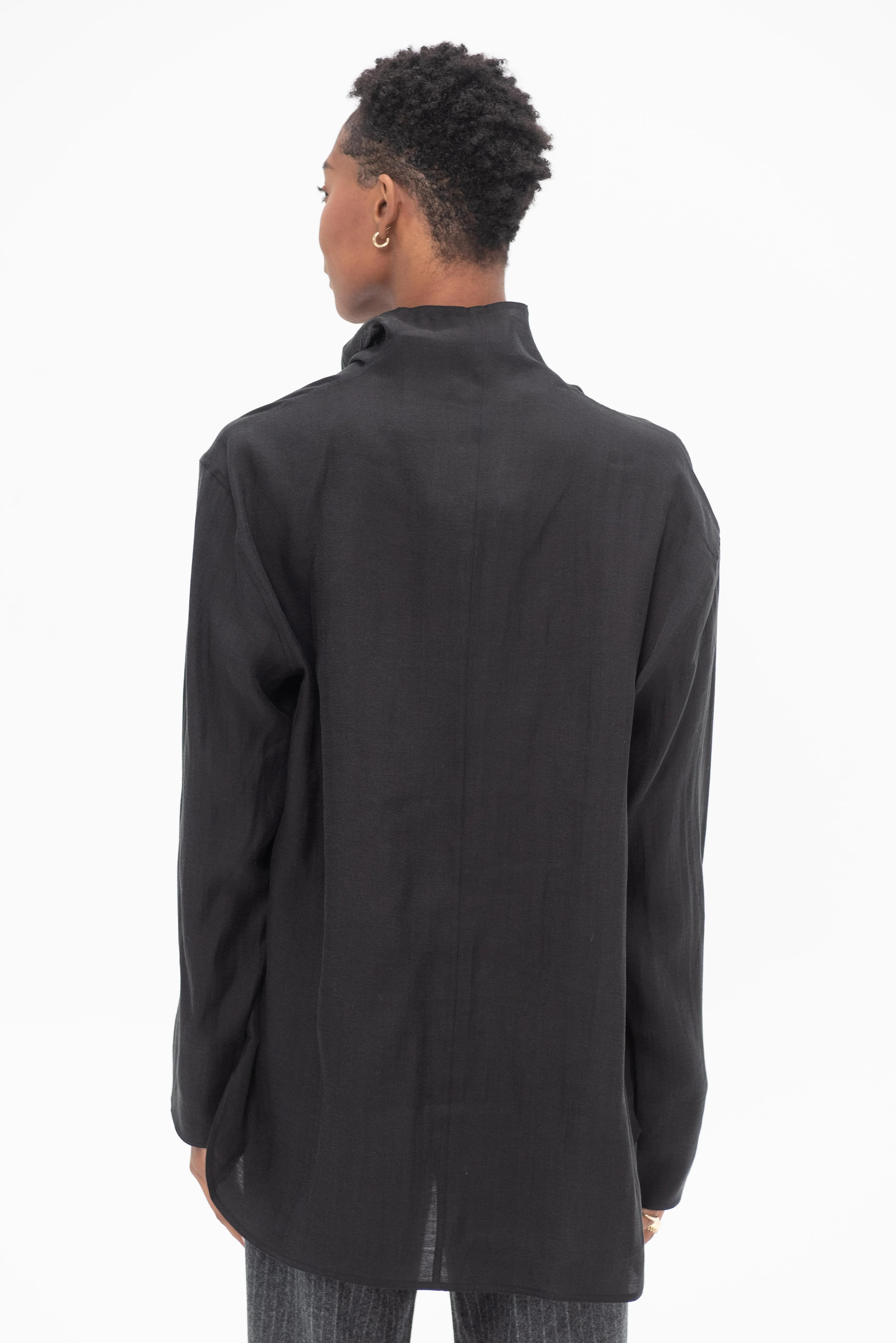 Funnel-Neck Organza Blouse, Black