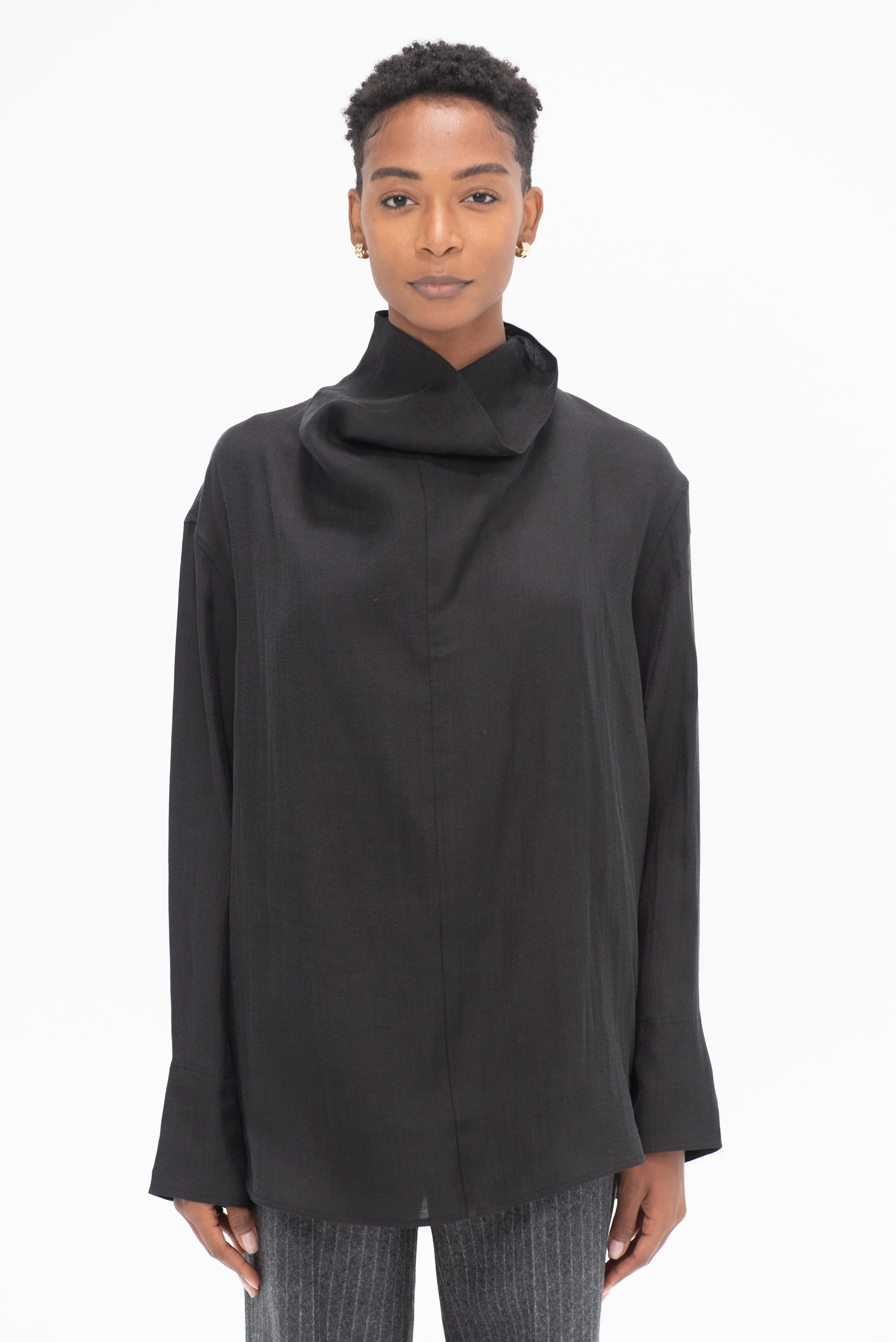 Funnel-Neck Organza Blouse, Black