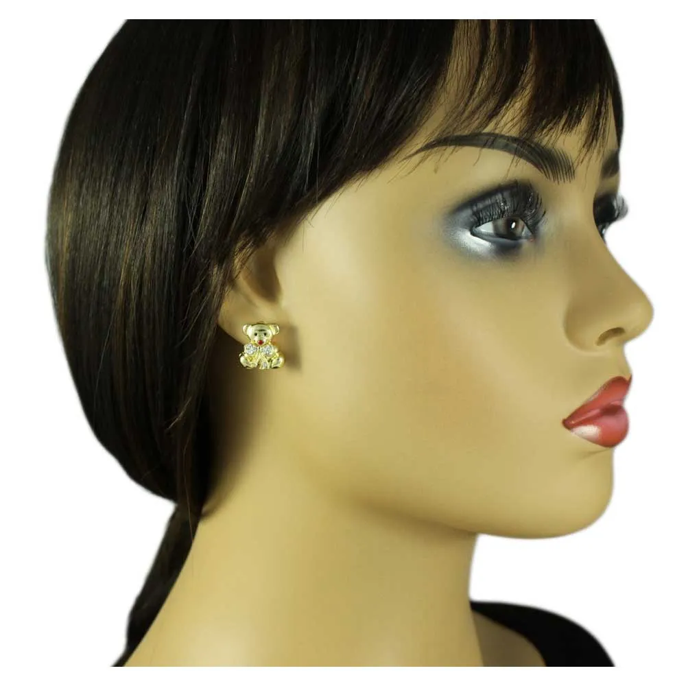 Gold Teddy Bear with Large Crystal Bow-Tie Stud Earring - REC577