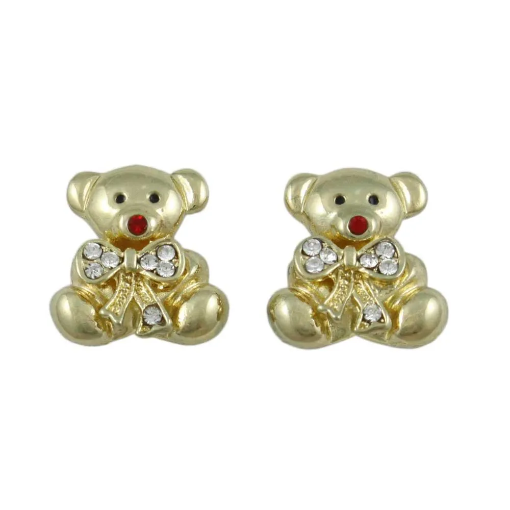 Gold Teddy Bear with Large Crystal Bow-Tie Stud Earring - REC577