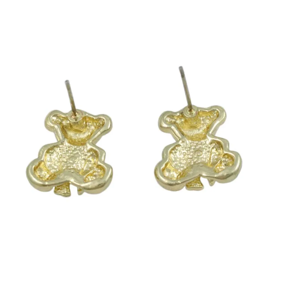 Gold Teddy Bear with Large Crystal Bow-Tie Stud Earring - REC577