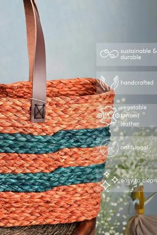 Handmade Sabai Grass Shopping Bag - Orange & Indigo