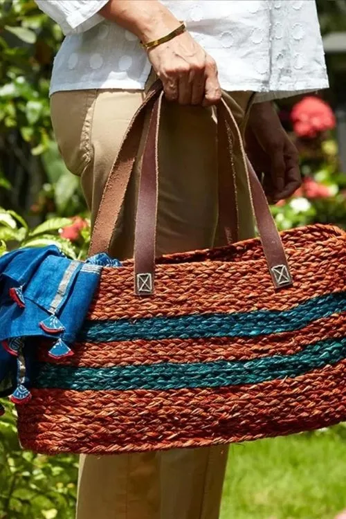 Handmade Sabai Grass Shopping Bag - Orange & Indigo