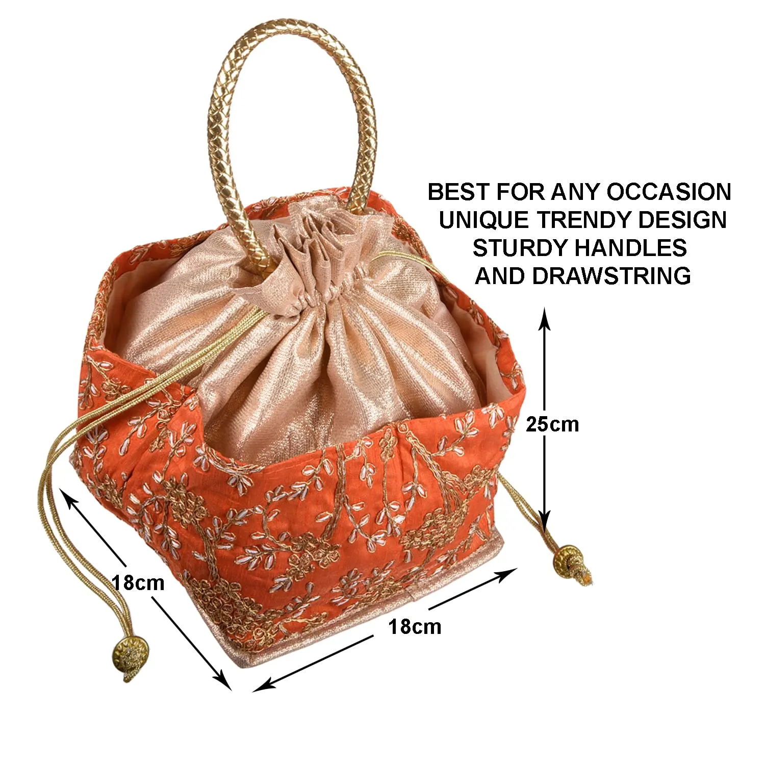 Heart Home Hand Bag|Silk Embroidery Drawstring Bag|Traditional Indian Handmade 5 Pocket Potli Bag with Golden Handle (Orange)