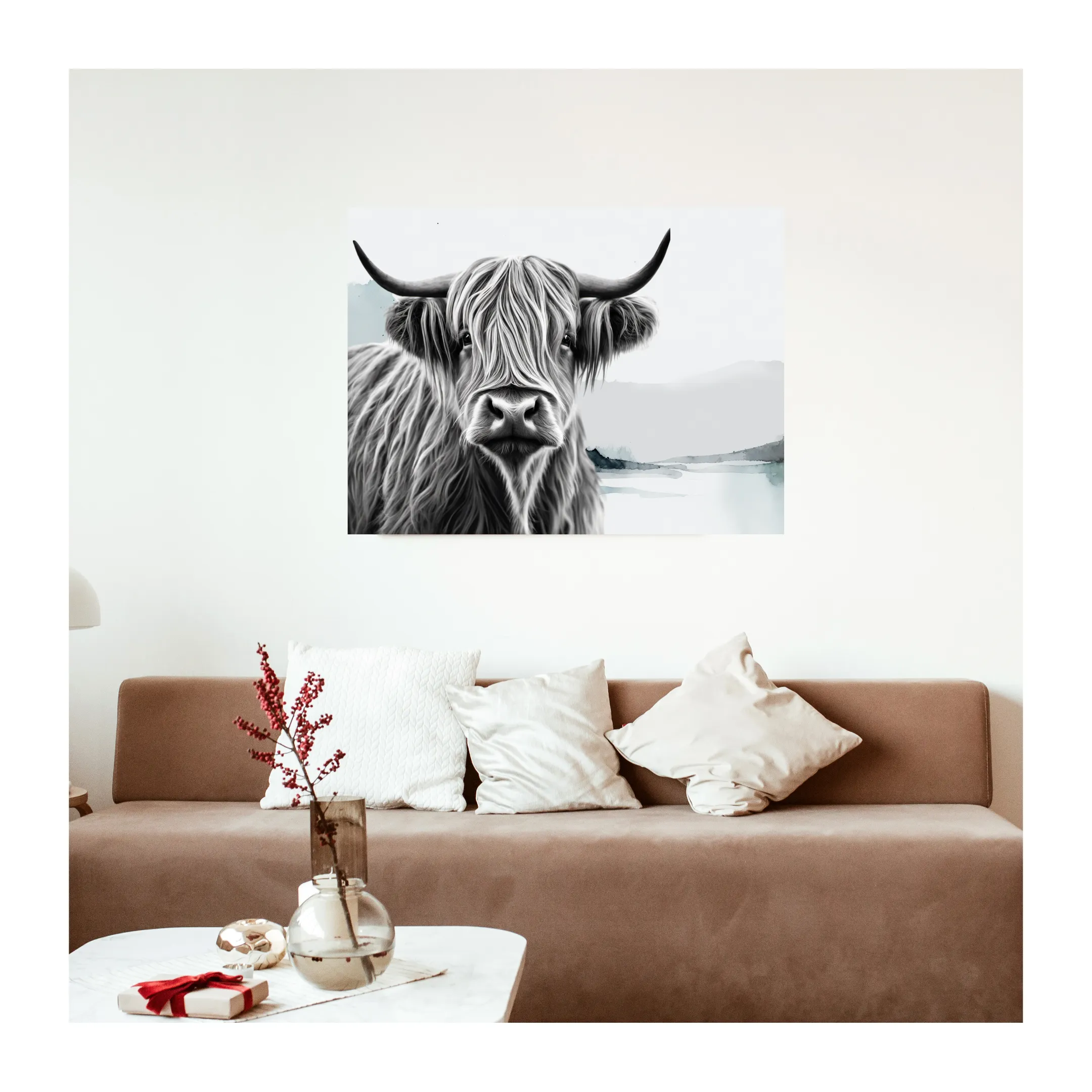 Highland Serenity Wall Print, Rolled Poster, Highland Cow Wall Art, AI Wall Art