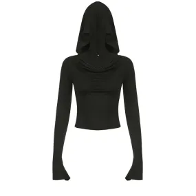 Hooded Flared Long Sleeve Crop Tops Egirl Clothes Y2k Japanese Streetwear Black Sexy T Shirt for Women P67-BA20