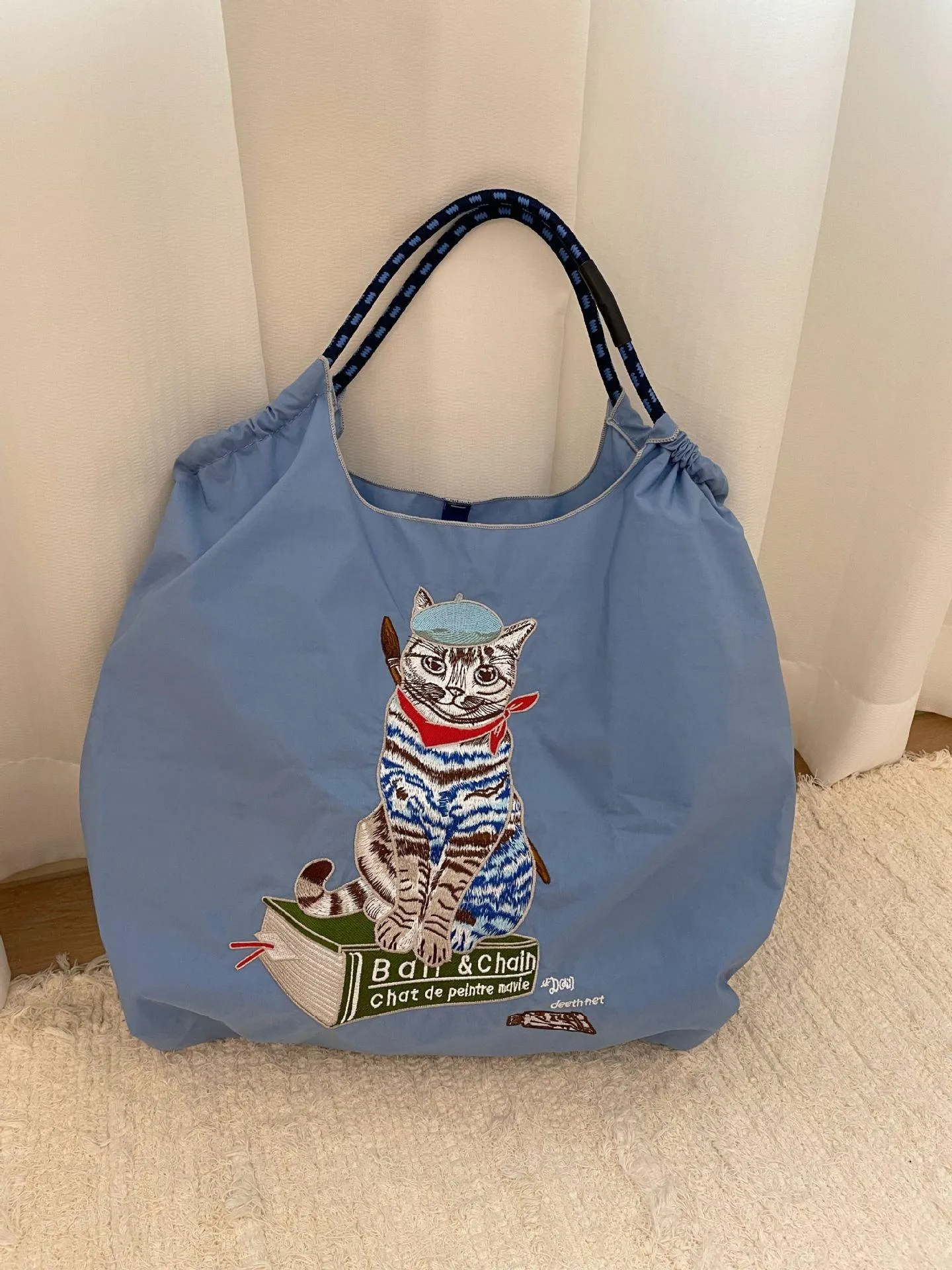 Japanese Painter Cat Embroidery Shopping Bag