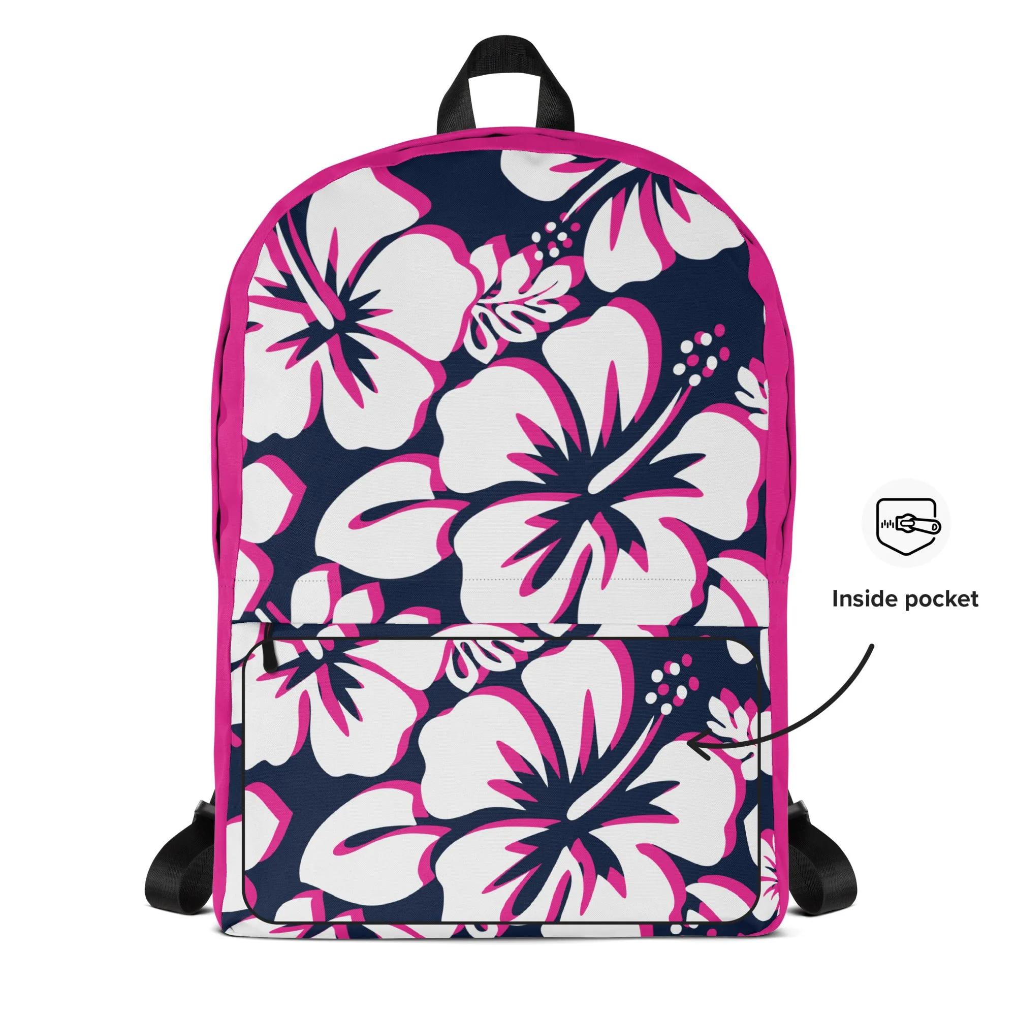 Kids Navy Blue, Hot Pink and White Hawaiian Flowers Backpack