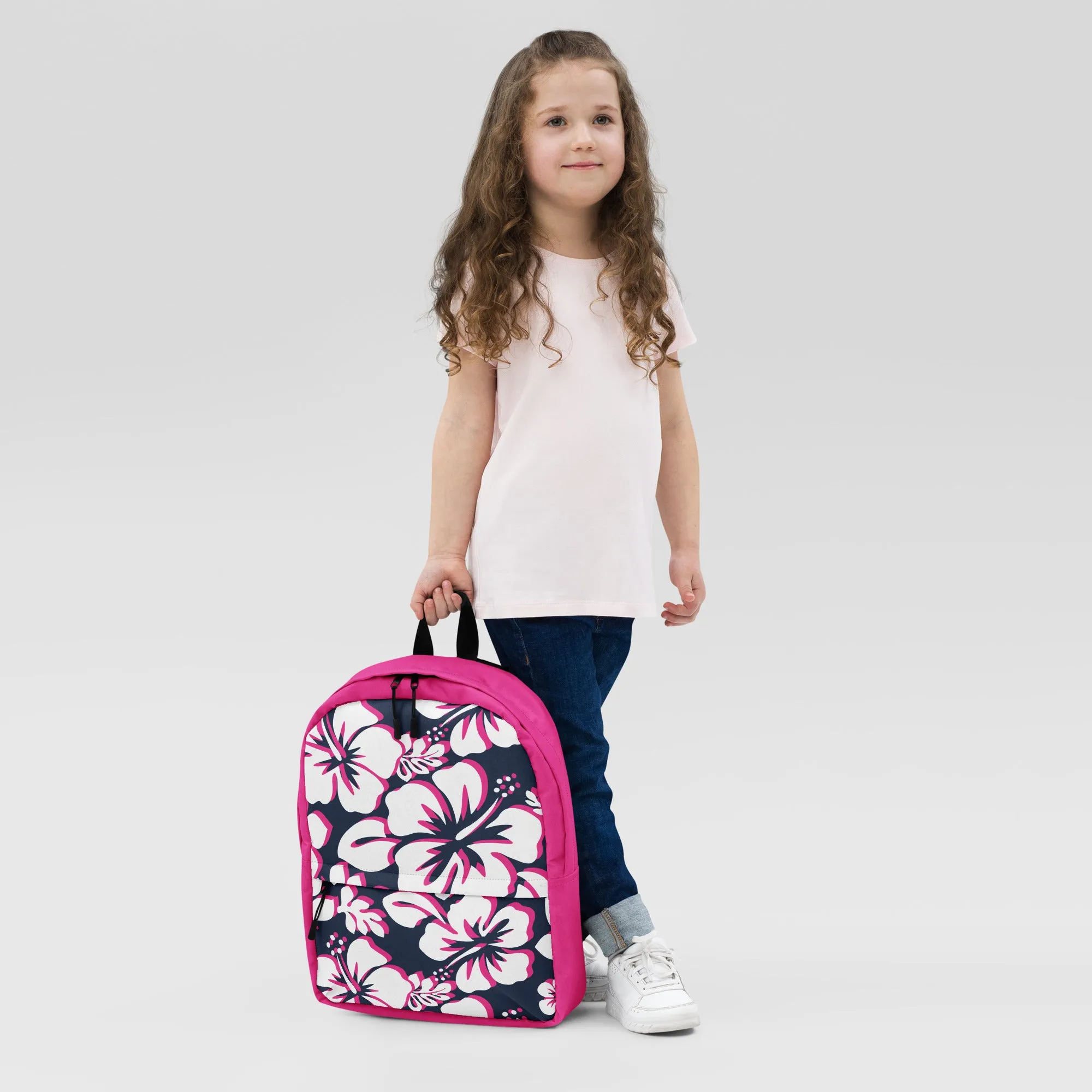 Kids Navy Blue, Hot Pink and White Hawaiian Flowers Backpack