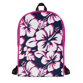 Kids Navy Blue, Hot Pink and White Hawaiian Flowers Backpack