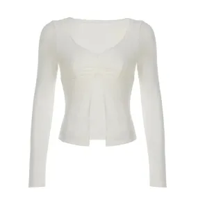 Lace Trim Split-ended Long Sleeve Tees White Y2k Tops Women 2024 Fall Fashion Sexy T Shirts P84-BB16