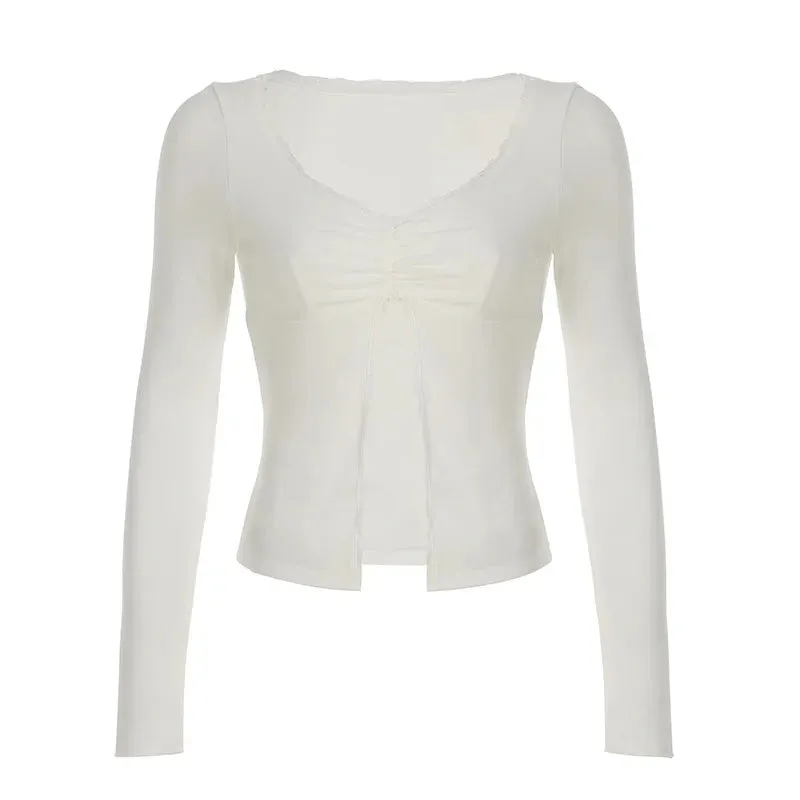 Lace Trim Split-ended Long Sleeve Tees White Y2k Tops Women 2024 Fall Fashion Sexy T Shirts P84-BB16