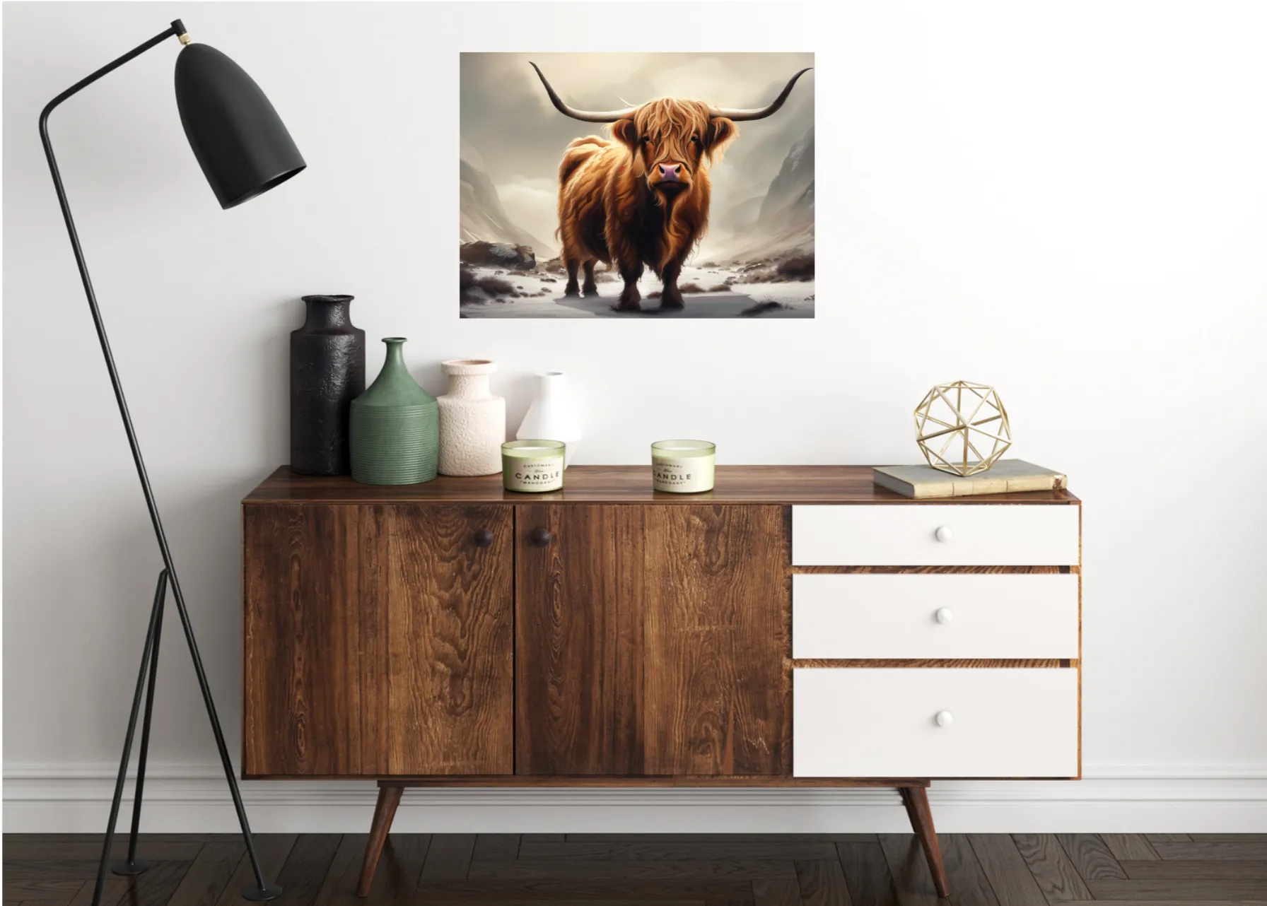 Majestic Highland Cow Wall Print, Rolled Poster, Mountain Scenery, AI Wall Art