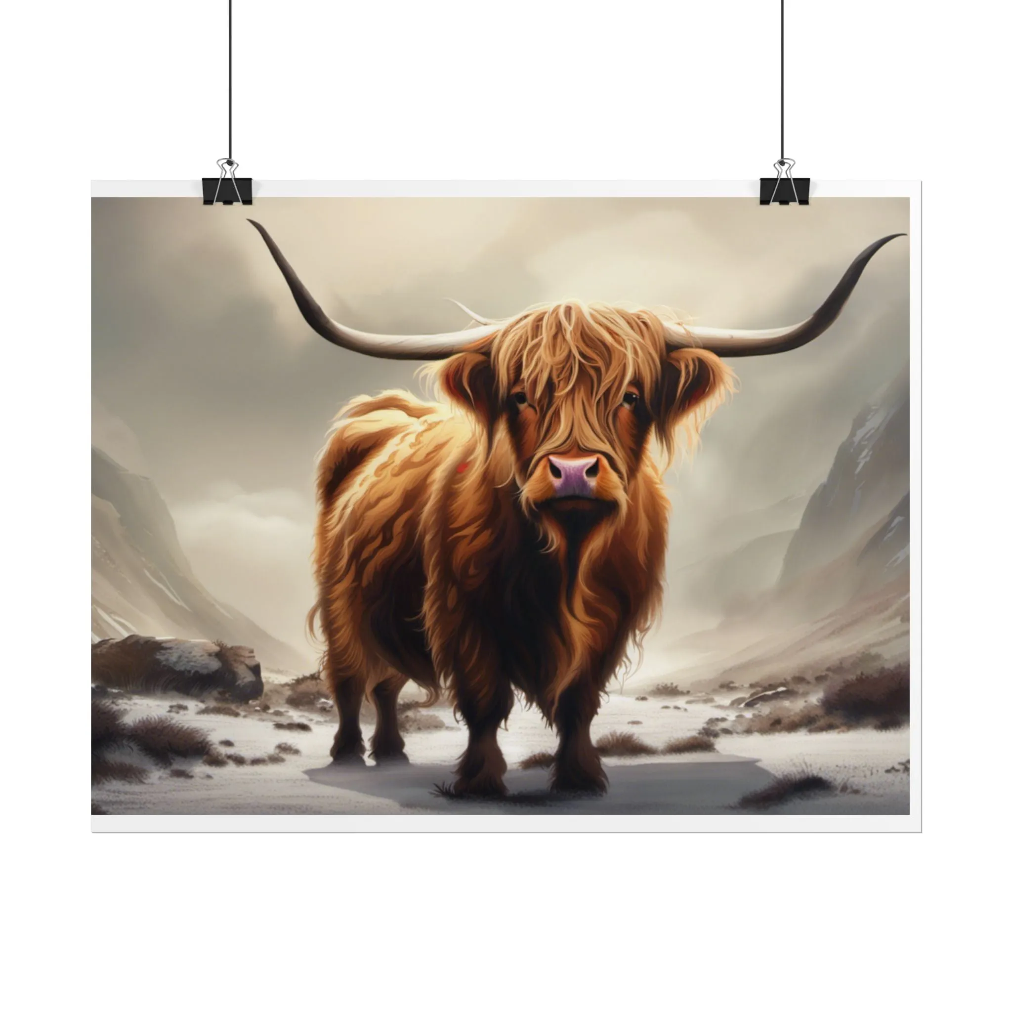 Majestic Highland Cow Wall Print, Rolled Poster, Mountain Scenery, AI Wall Art