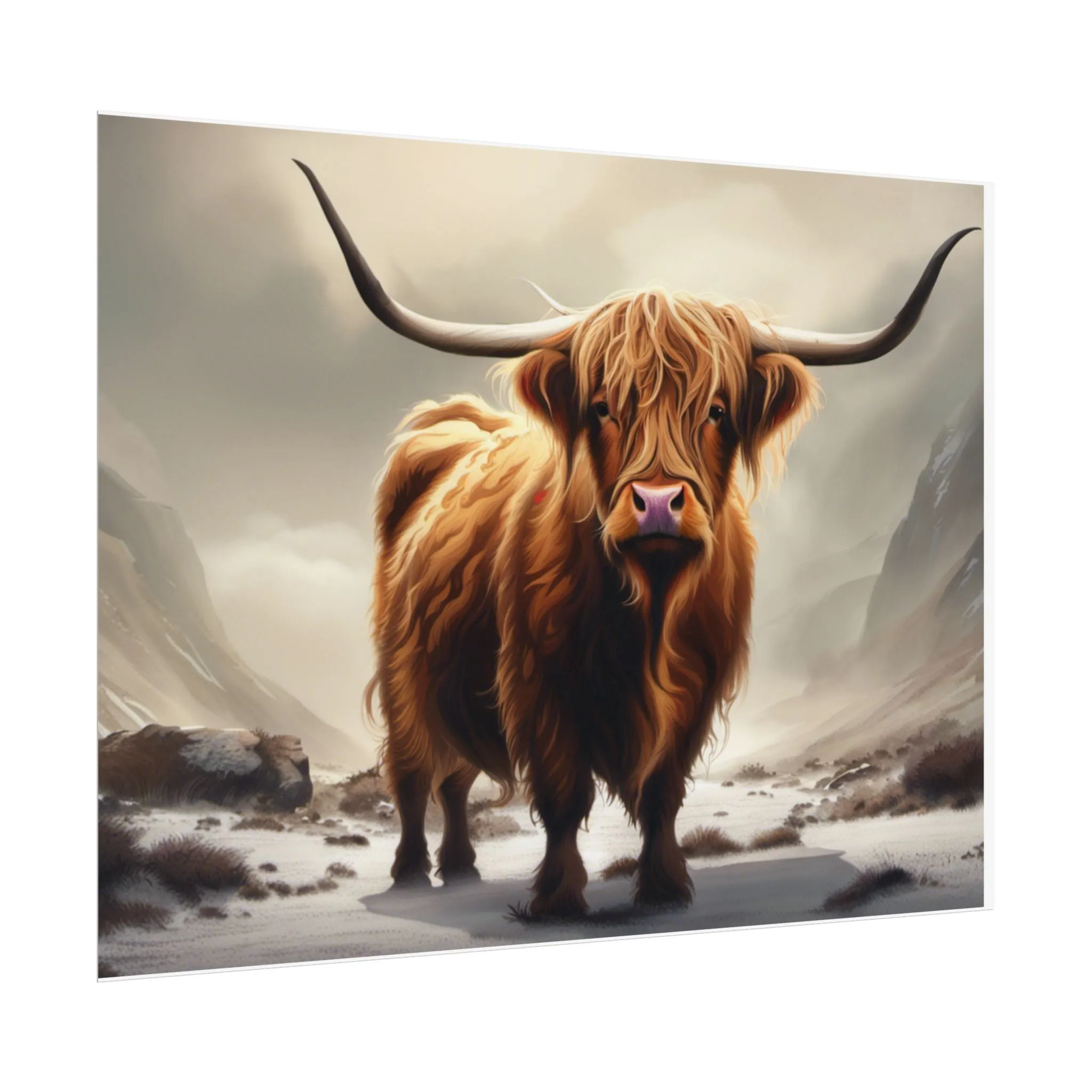 Majestic Highland Cow Wall Print, Rolled Poster, Mountain Scenery, AI Wall Art