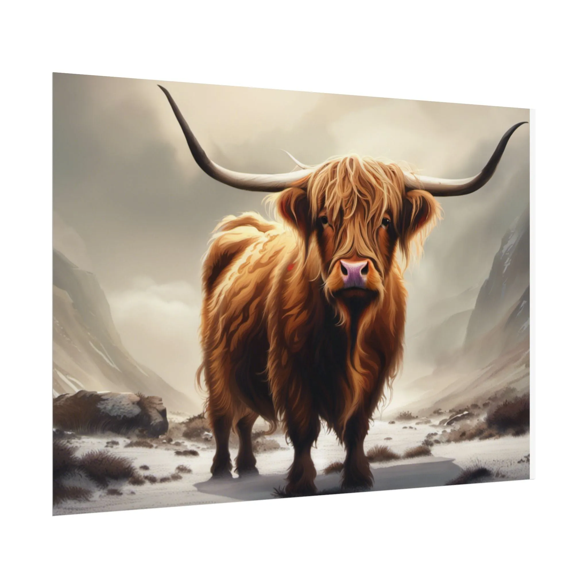 Majestic Highland Cow Wall Print, Rolled Poster, Mountain Scenery, AI Wall Art