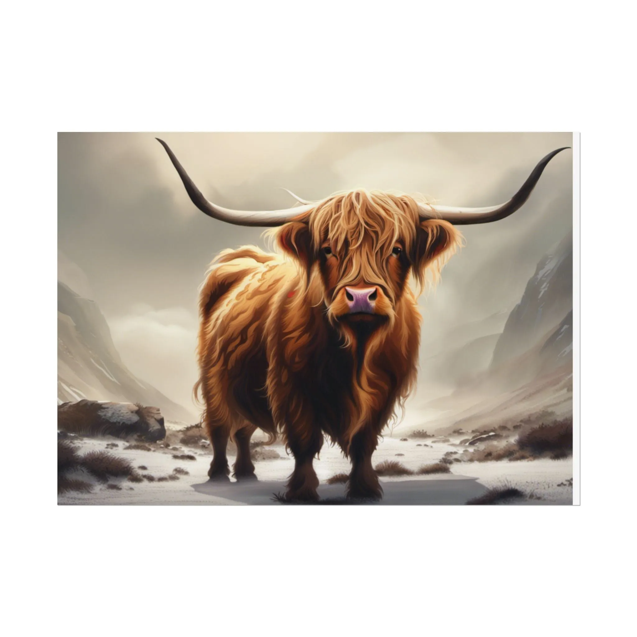 Majestic Highland Cow Wall Print, Rolled Poster, Mountain Scenery, AI Wall Art