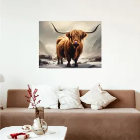 Majestic Highland Cow Wall Print, Rolled Poster, Mountain Scenery, AI Wall Art