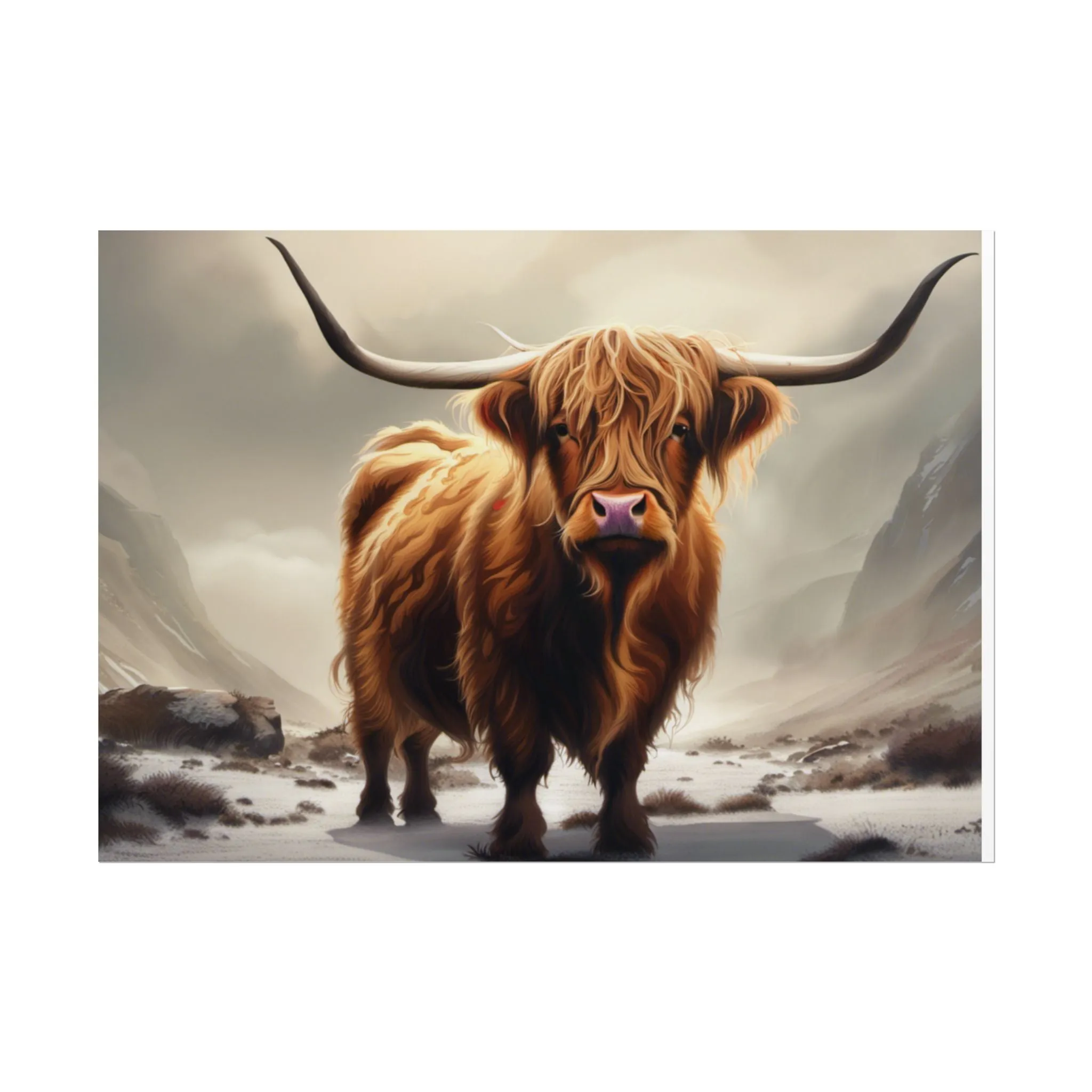 Majestic Highland Cow Wall Print, Rolled Poster, Mountain Scenery, AI Wall Art