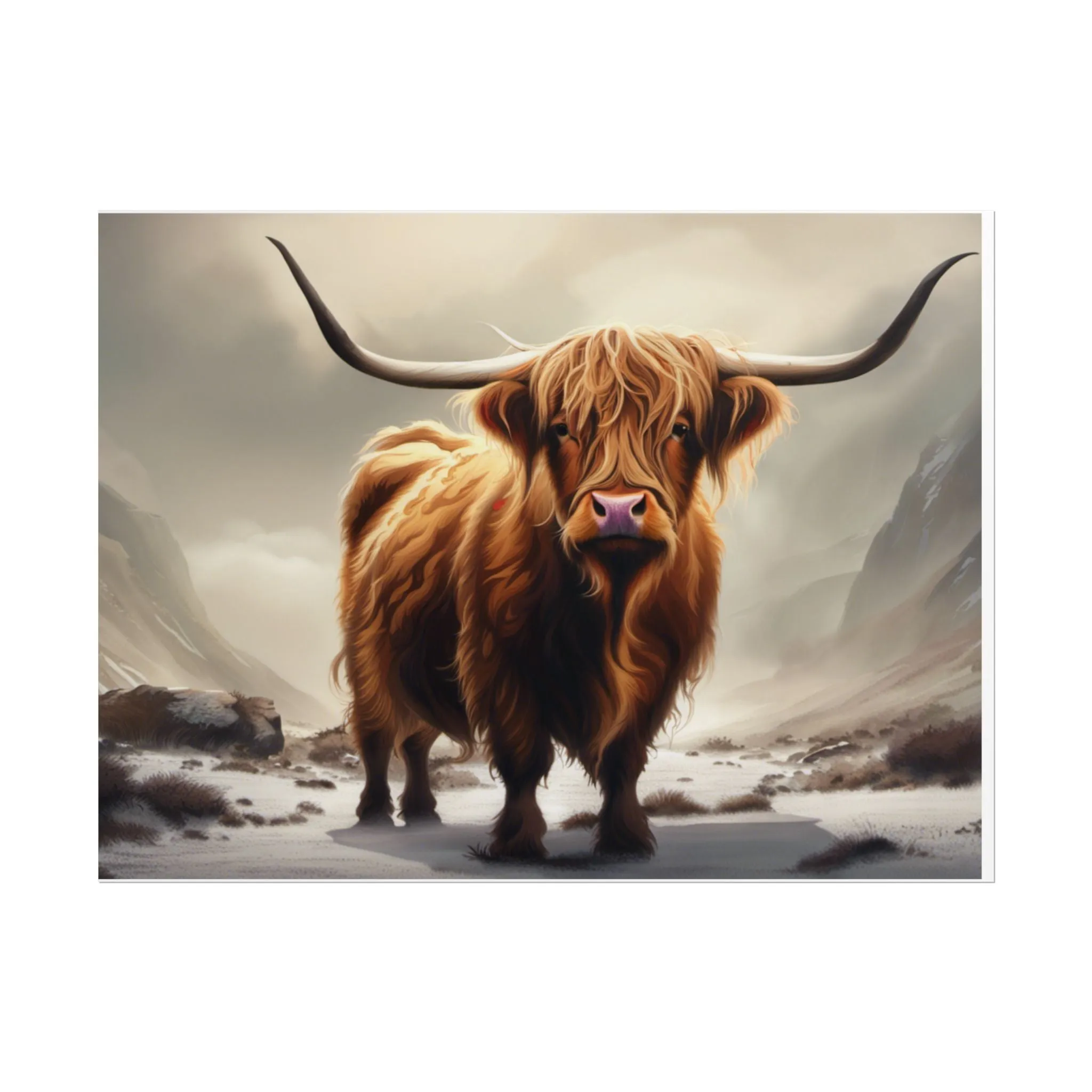 Majestic Highland Cow Wall Print, Rolled Poster, Mountain Scenery, AI Wall Art