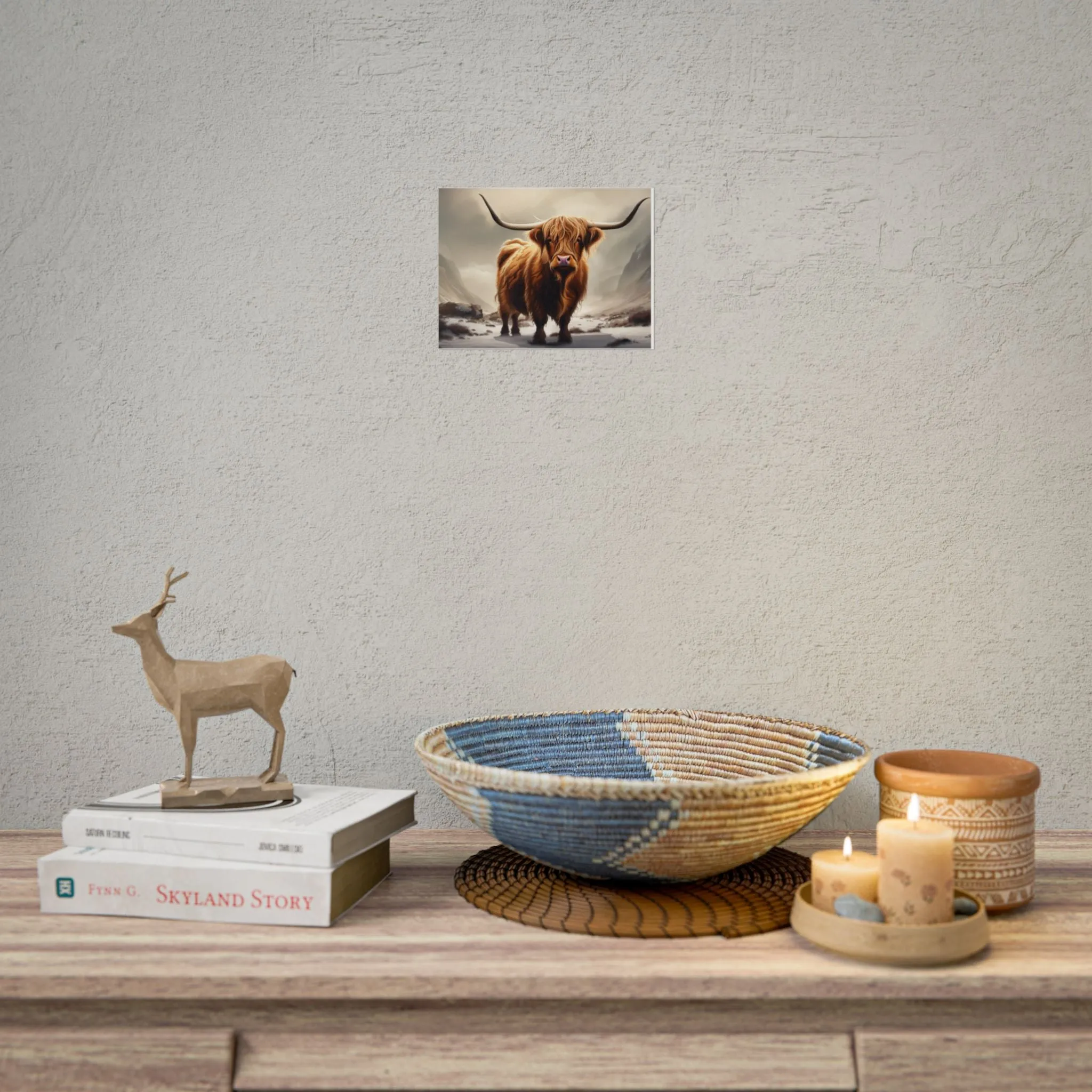 Majestic Highland Cow Wall Print, Rolled Poster, Mountain Scenery, AI Wall Art