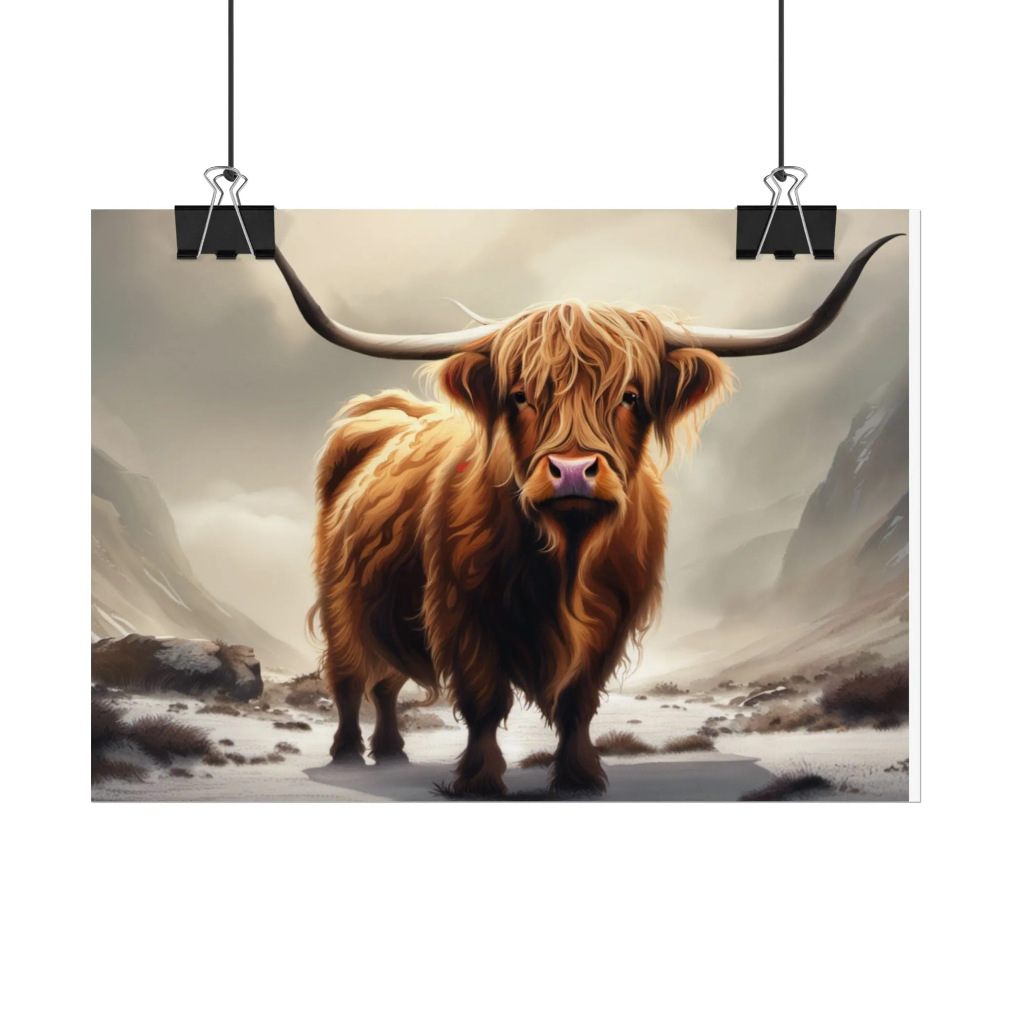 Majestic Highland Cow Wall Print, Rolled Poster, Mountain Scenery, AI Wall Art