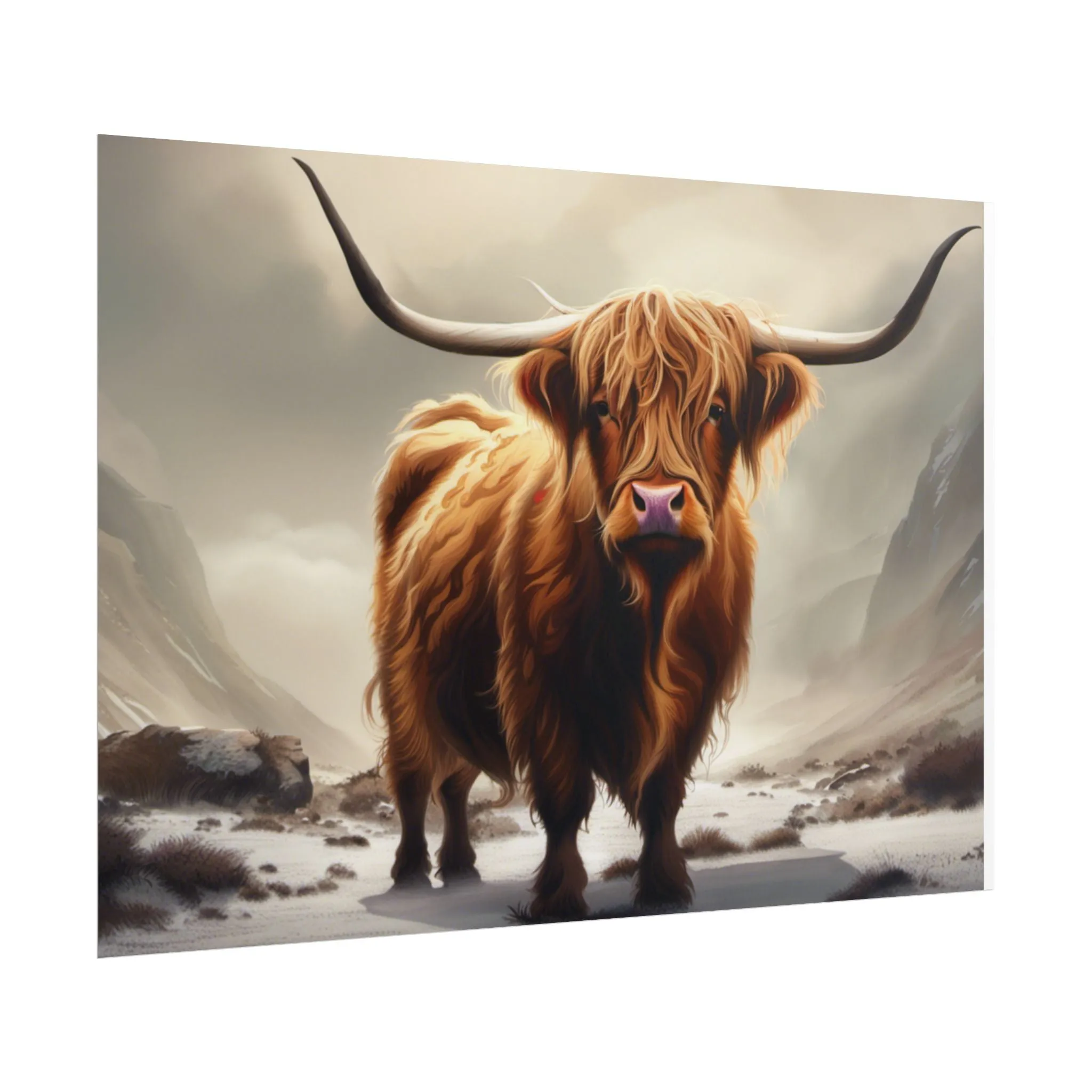 Majestic Highland Cow Wall Print, Rolled Poster, Mountain Scenery, AI Wall Art