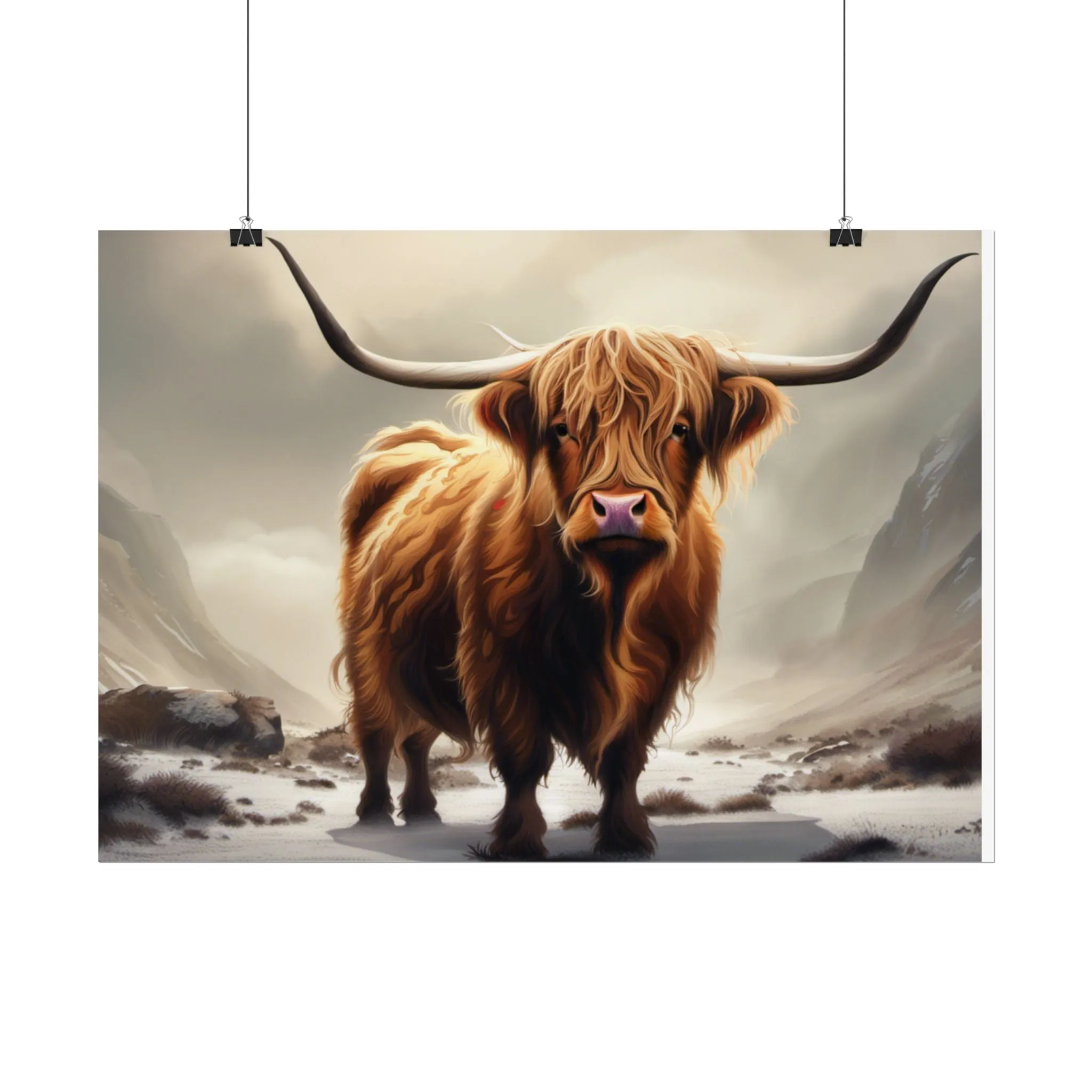 Majestic Highland Cow Wall Print, Rolled Poster, Mountain Scenery, AI Wall Art