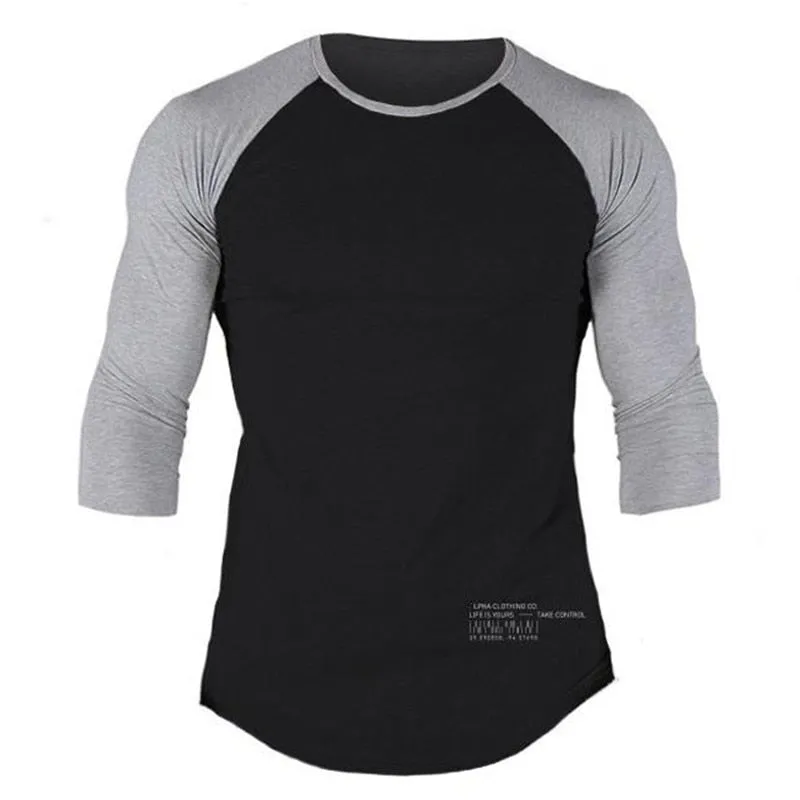 Men Casual Skinny T-shirt Cotton Shawl Sleeve Shirts Gym Fitness Bodybuilding Workout Patchwork Tee Tops Male Crossfit Clothing