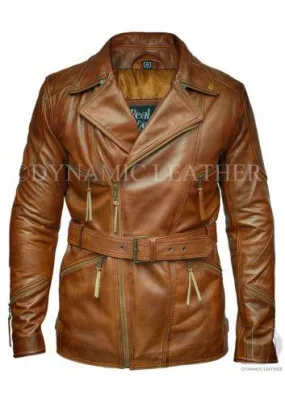 Men's Brown 3/4 Motorcycle Biker Long Cow Hide Leather Jacket