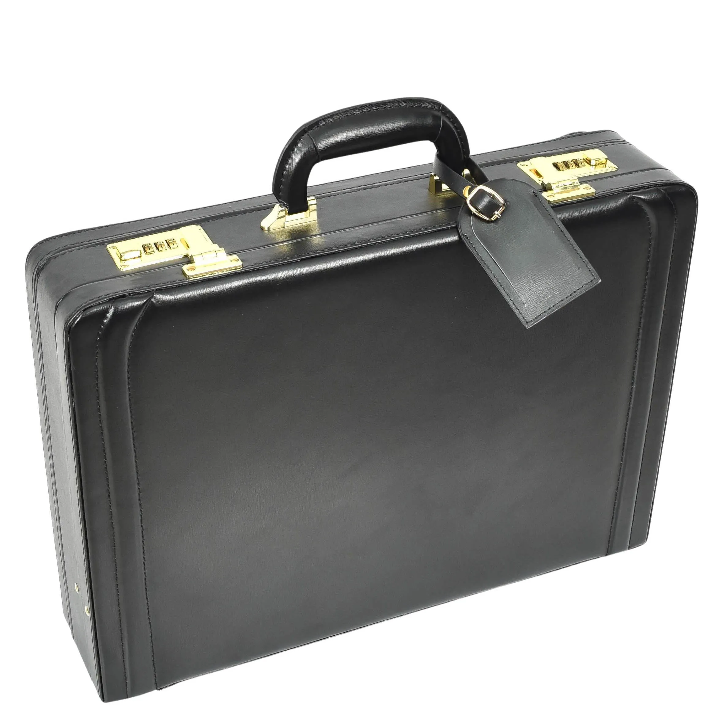 Mens Leather Attache Case Black Twin Lock Classic Briefcase - Musk