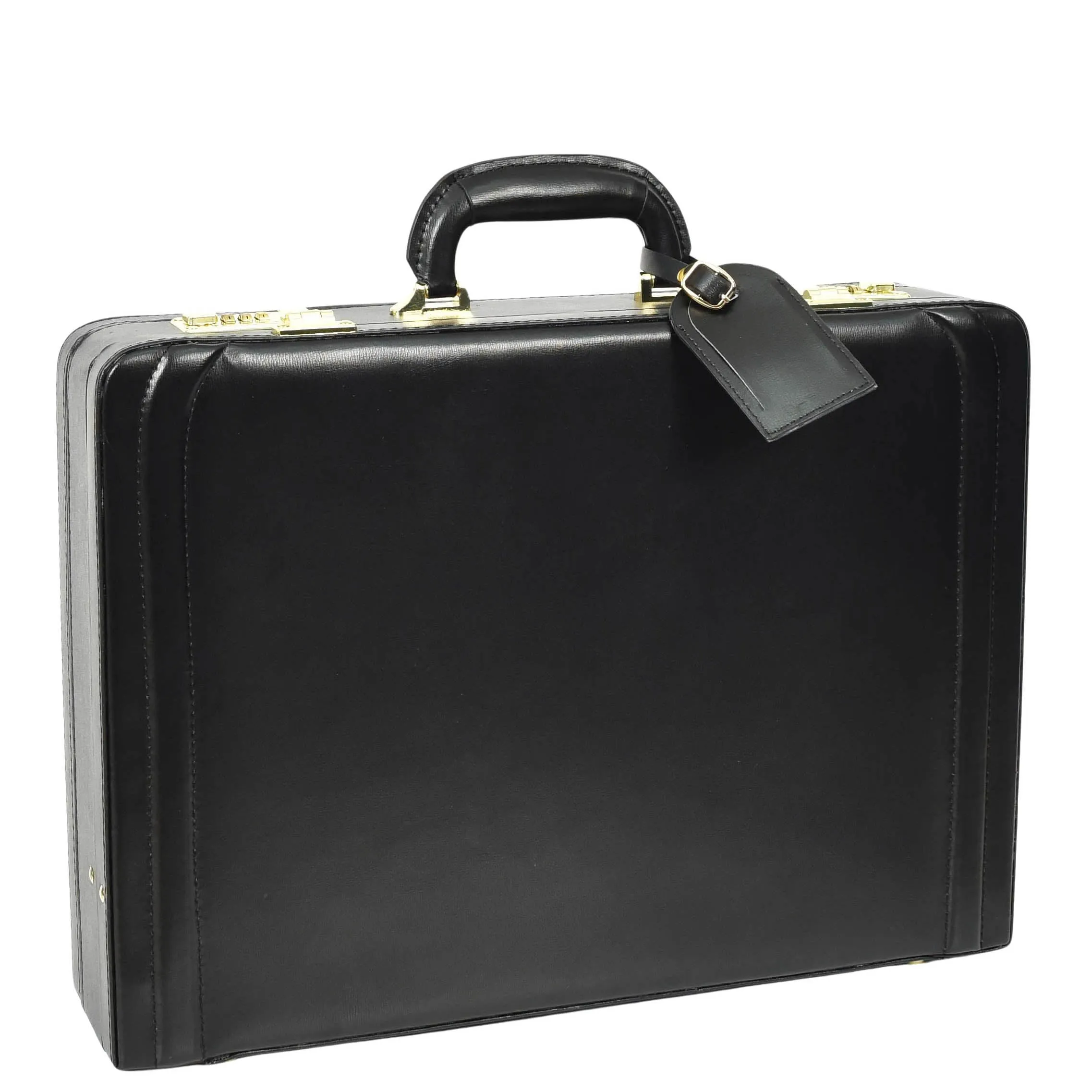 Mens Leather Attache Case Black Twin Lock Classic Briefcase - Musk