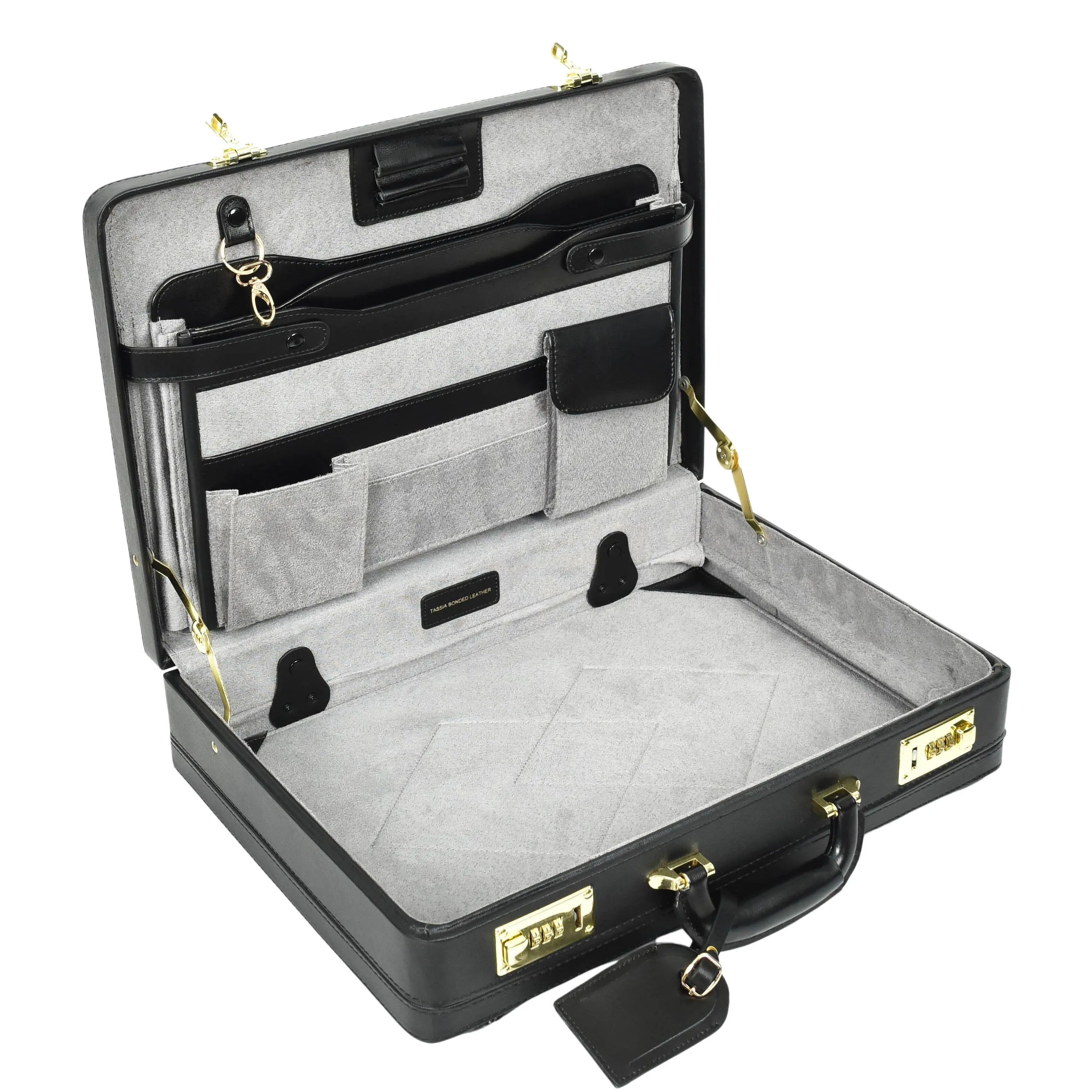 Mens Leather Attache Case Black Twin Lock Classic Briefcase - Musk