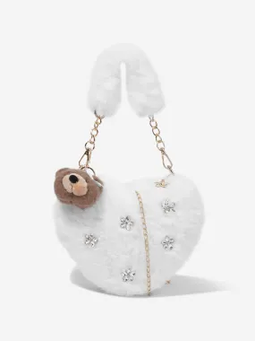 Monnalisa Girls Plush Heart Teddy Handbag in Ivory