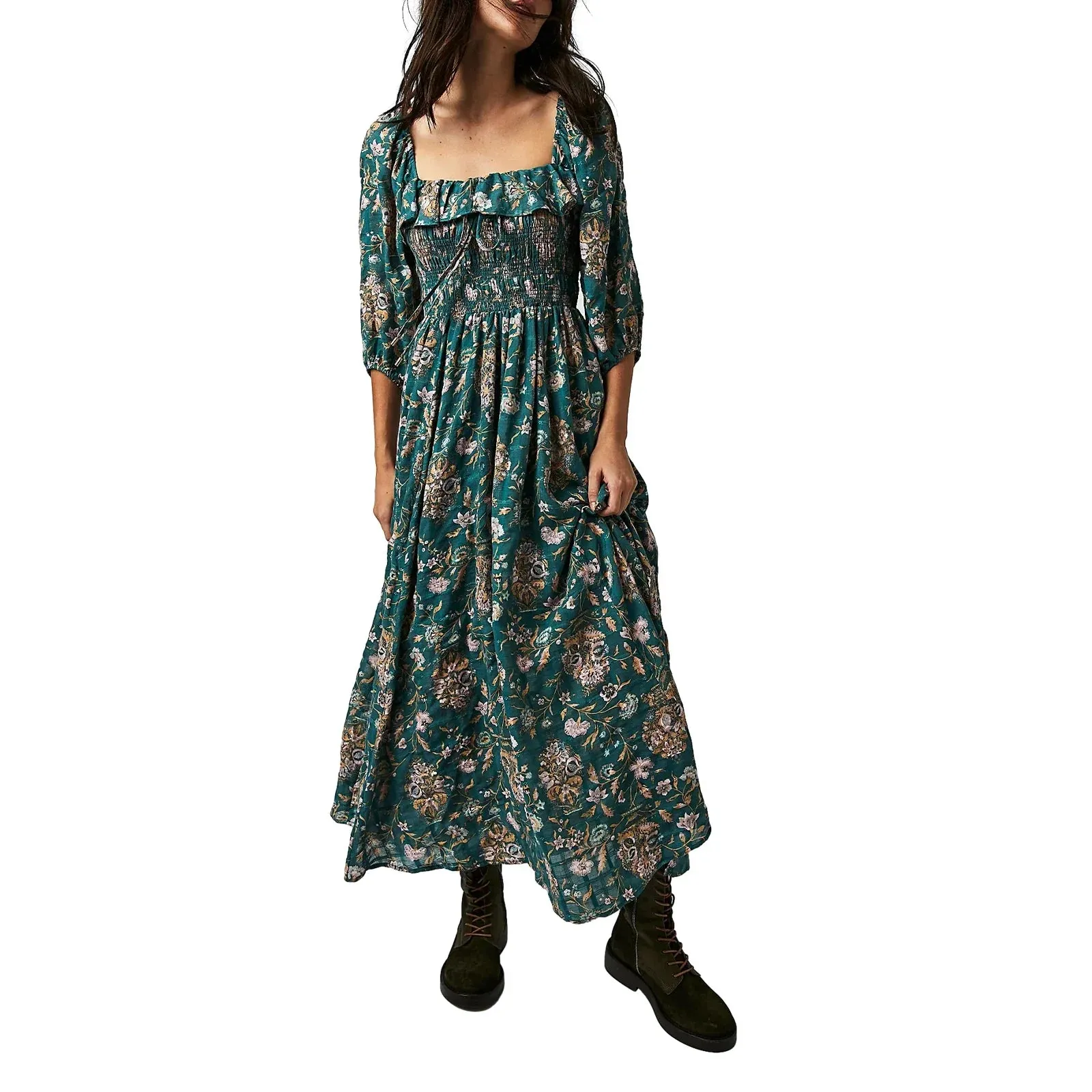 Neck Long Sleeve Flowy Maxi Dress Beach Cocktail Club Casual Square Dress