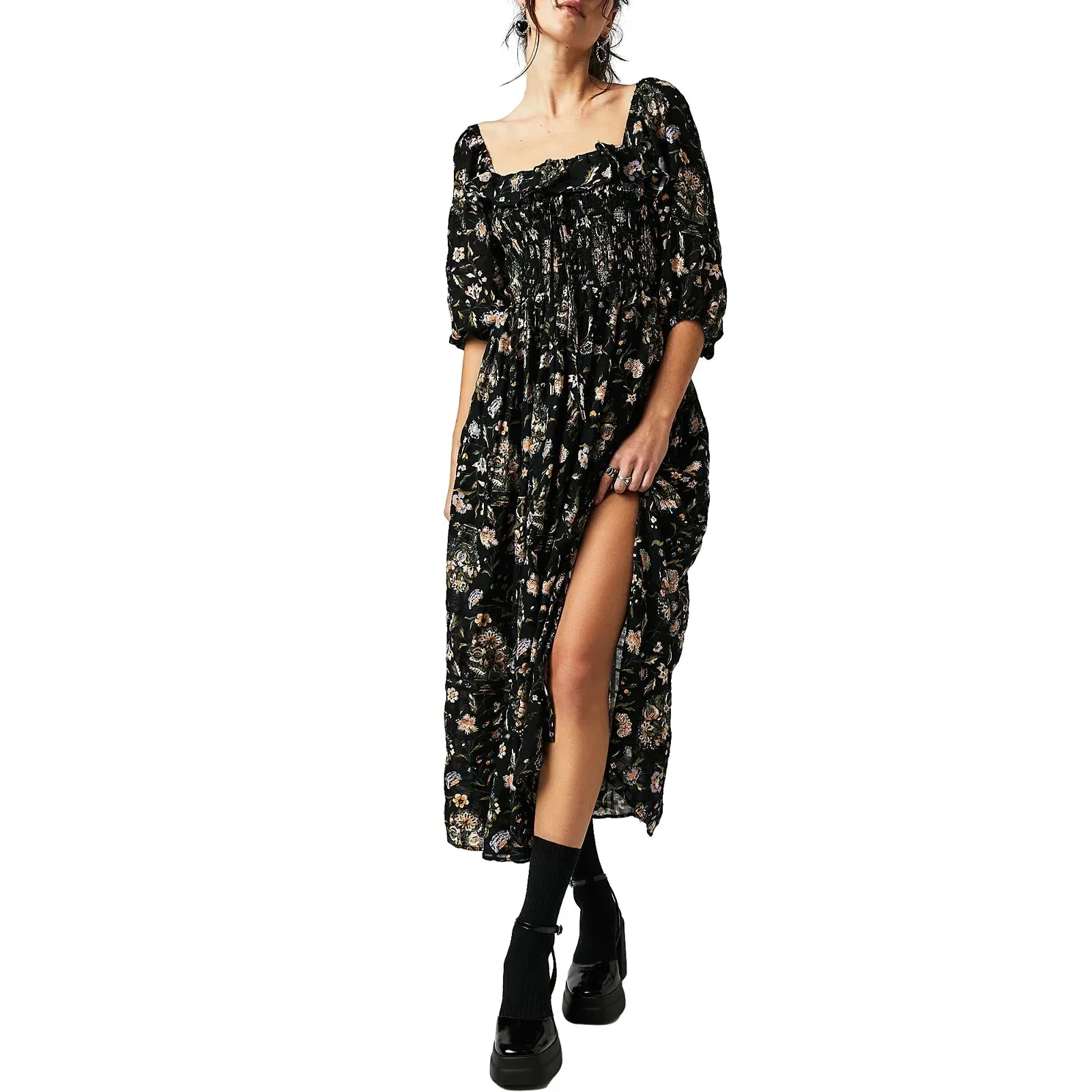 Neck Long Sleeve Flowy Maxi Dress Beach Cocktail Club Casual Square Dress