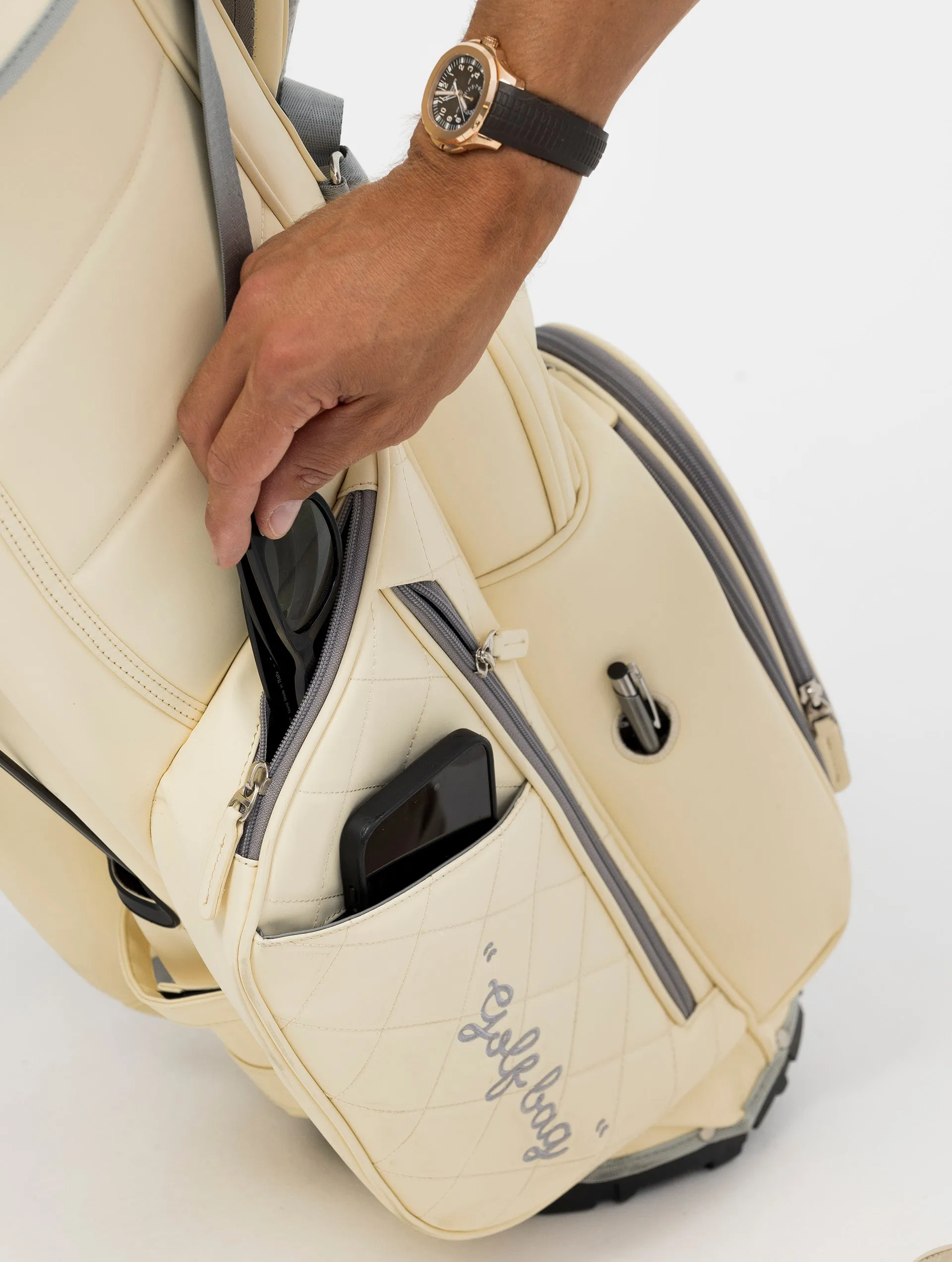 NOHOW LTD GOLF BAG IN CREAM WITH UNIQUE GREY ZIPPERS