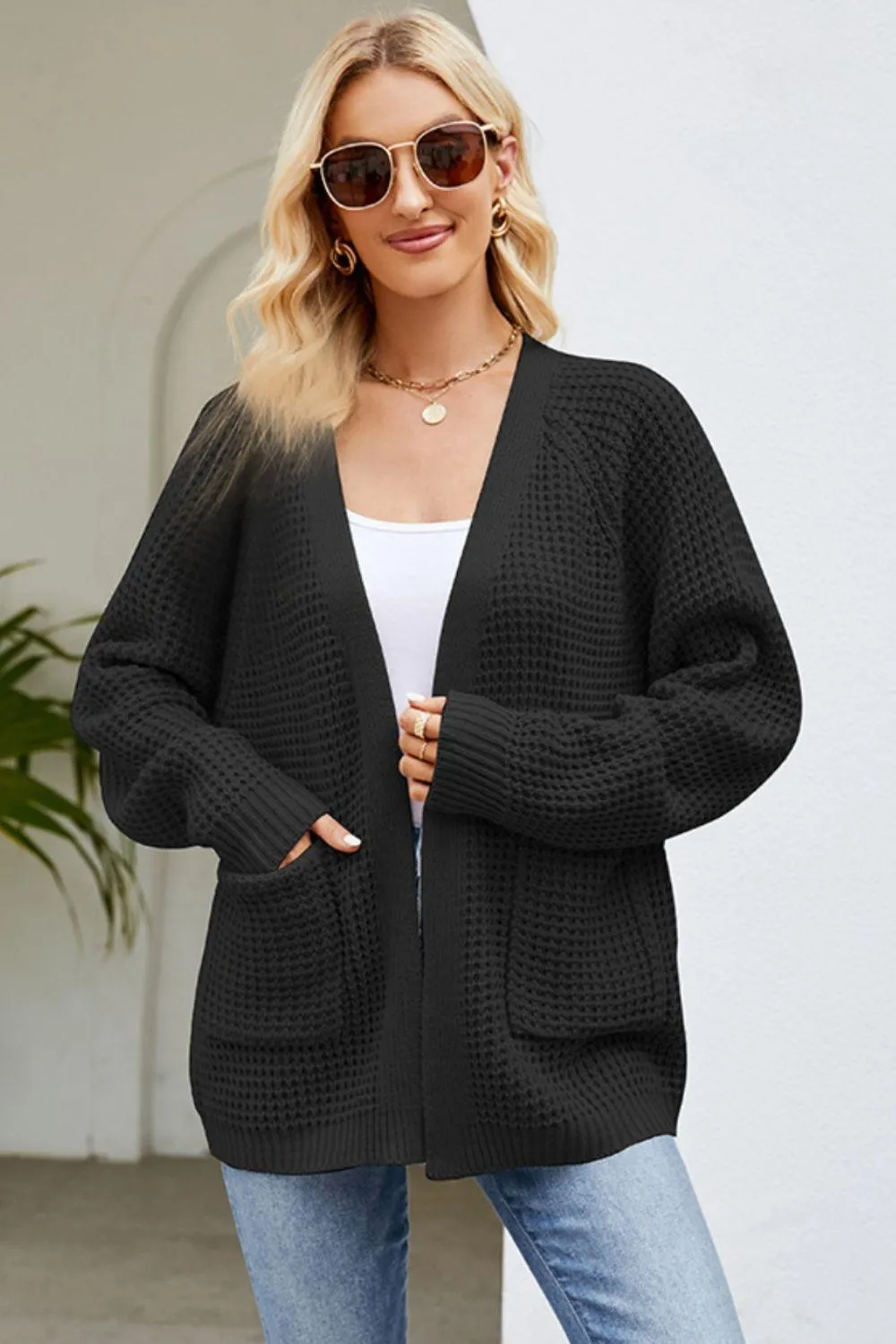 Open Front Raglan Sleeve Pocketed Cardigan