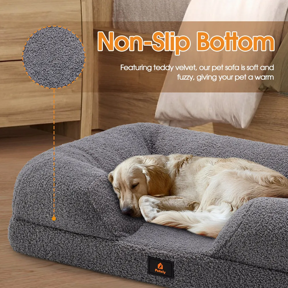 Petzly Memory Foam Dog Bed Pet Sofa Calming Bed Washable Removable Grey